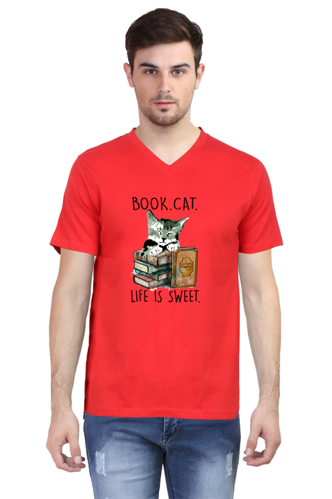 V Neck T-Shirt (Men) - Nerdy Kitty (3 Colours)
