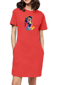 T-shirt Dress With Pockets - Tilted Head Rainbow Dog (6 Colours)