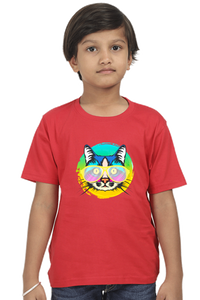 Round Neck T-Shirt (Boys) - Cat With Glasses (10 Colours)