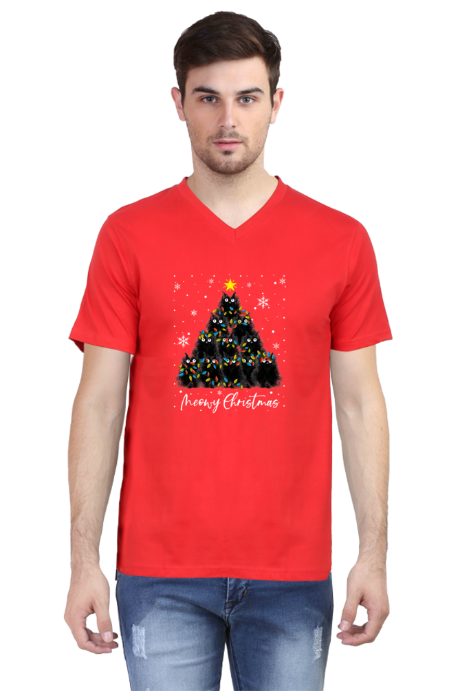 V Neck T-Shirt (Men) - Meowy Christmas (3 Colours)