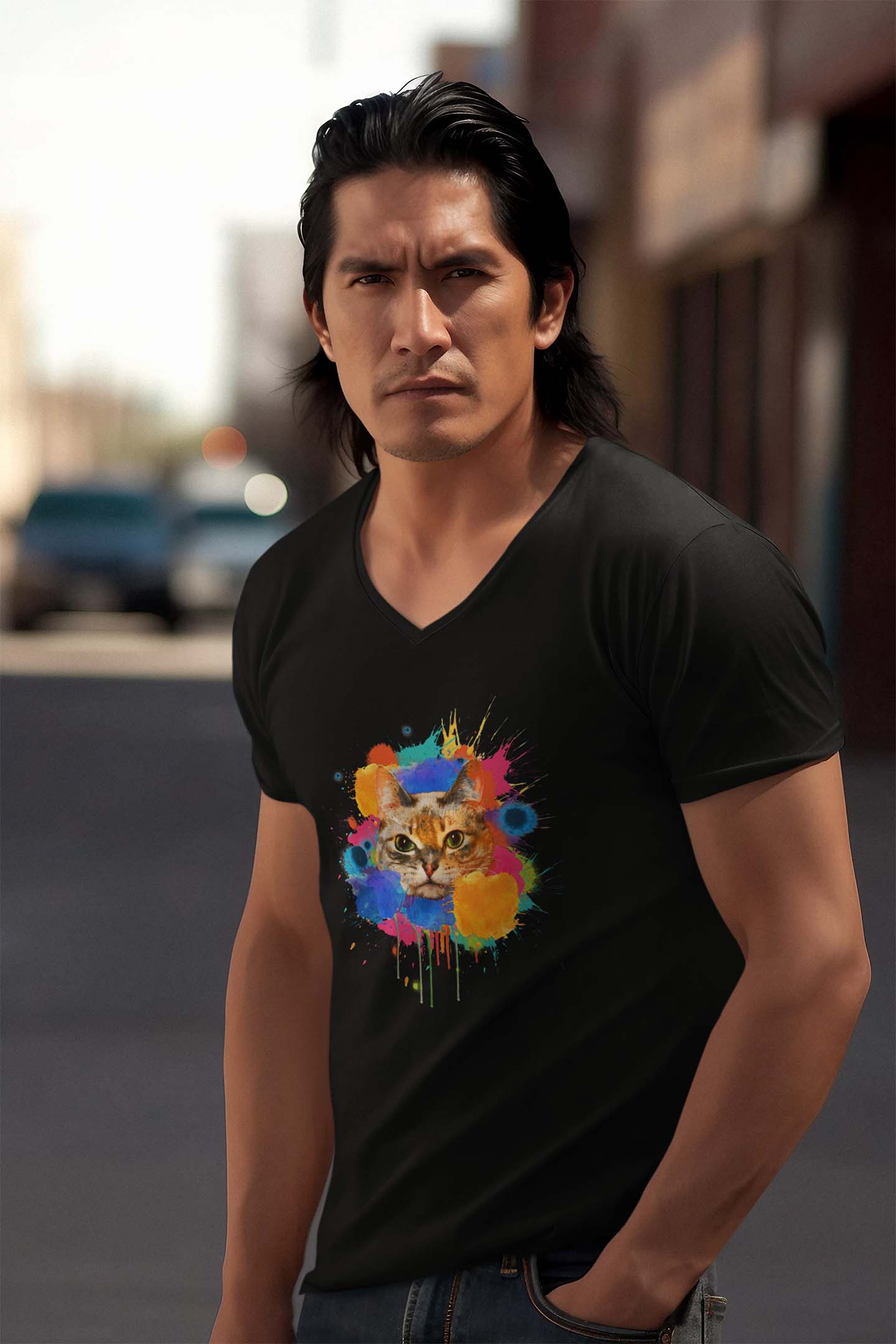 V Neck T-Shirt (Men) - Splishy Splishy Cat (5 Colours)