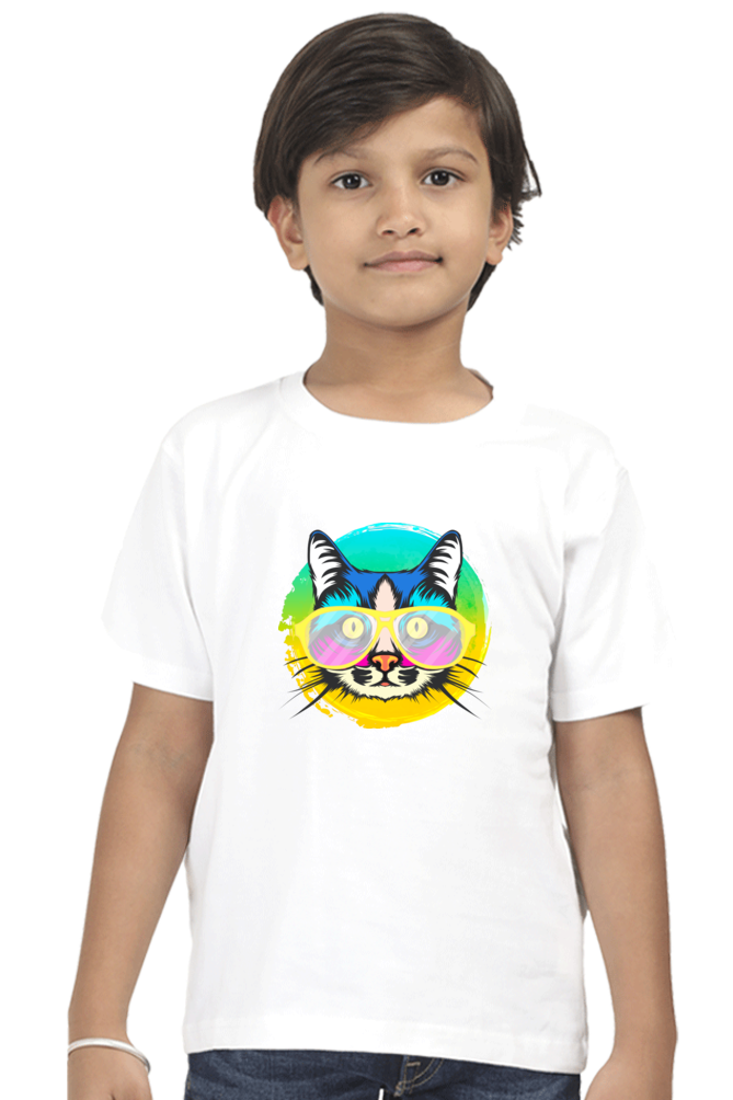 Round Neck T-Shirt (Boys) - Cat With Glasses (10 Colours)