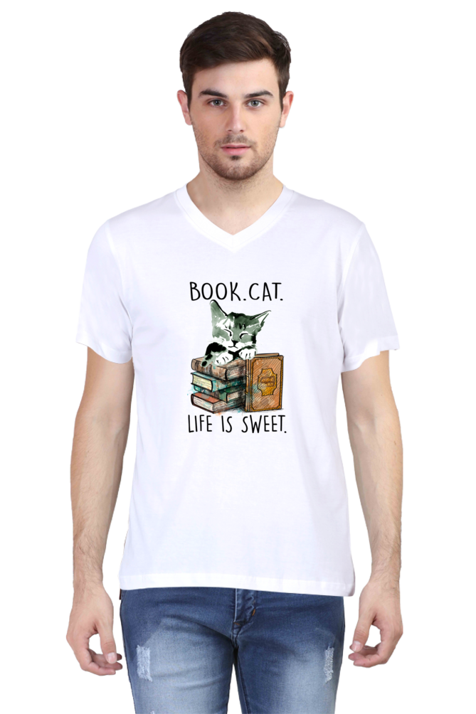 V Neck T-Shirt (Men) - Nerdy Kitty (3 Colours)