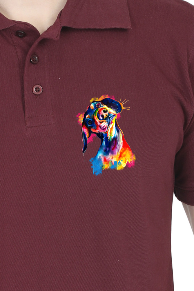 Polo Neck T-Shirt (Men) - Tilted Head Rainbow Dog (11 Colours)