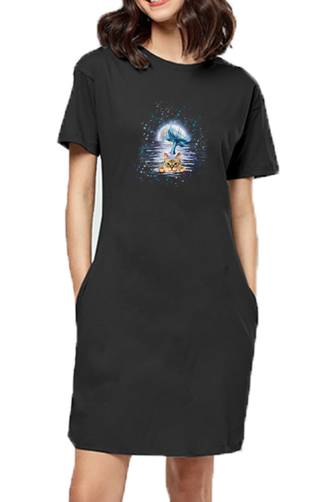 T-Shirt Dress With Pockets - Little Meowmaid Cat (2 Colours)