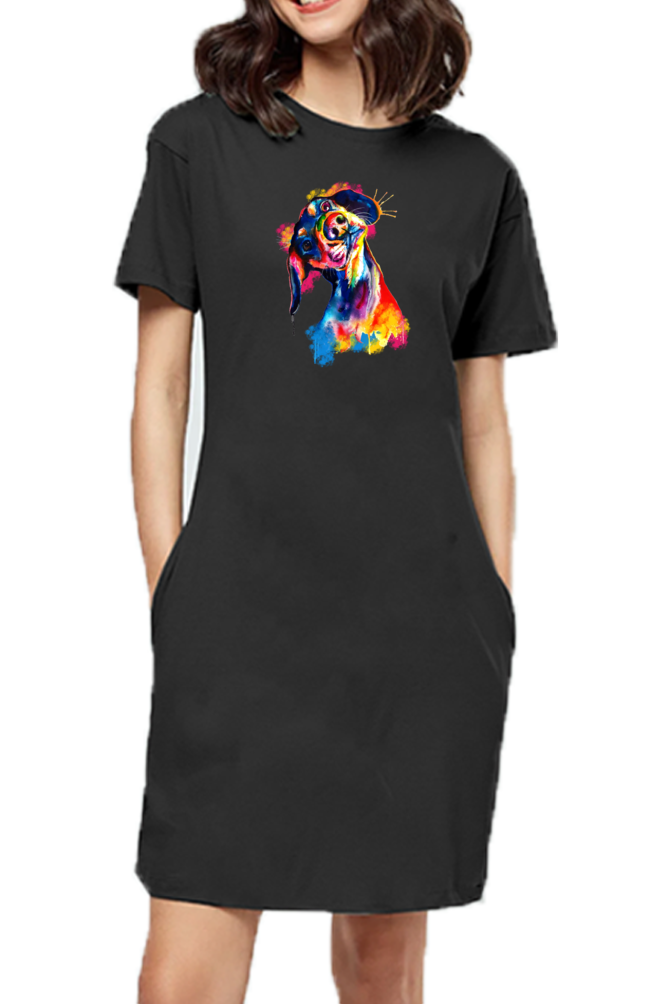 T-shirt Dress With Pockets - Tilted Head Rainbow Dog (6 Colours)