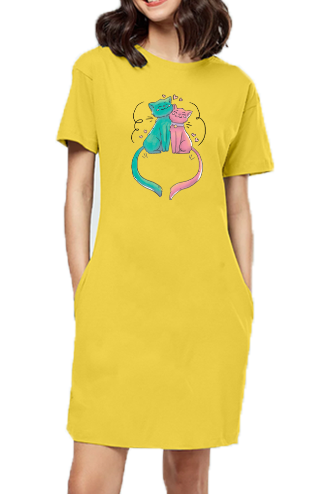 T-shirt Dress With Pockets - Cats In Love (4 Colours)