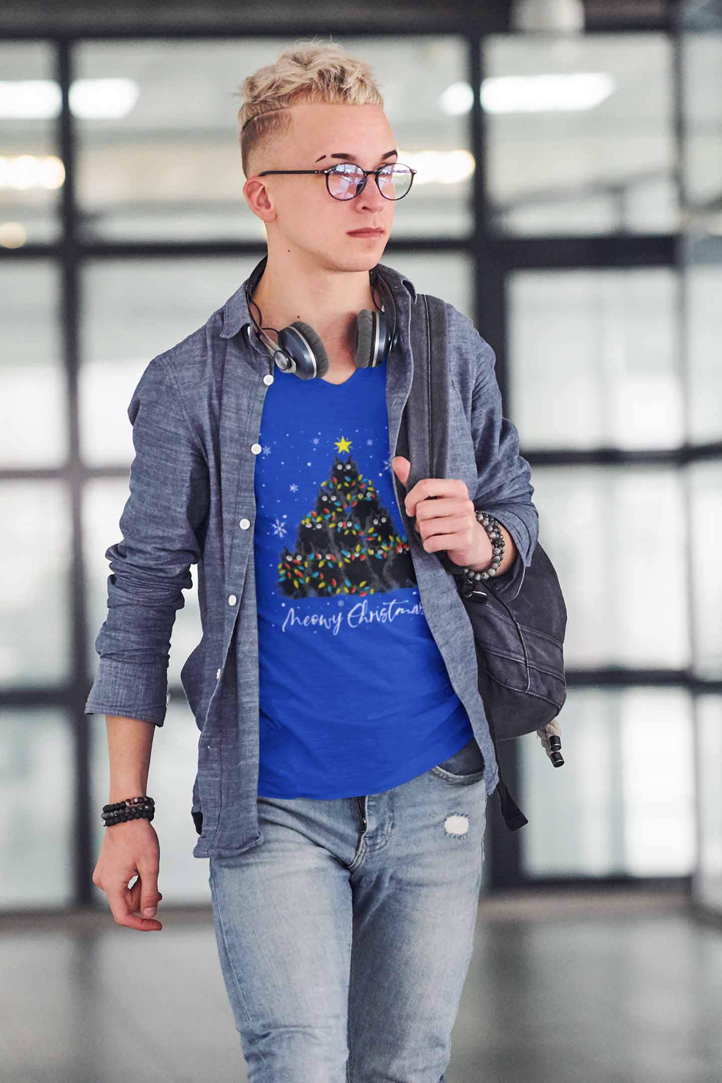 V Neck T-Shirt (Men) - Meowy Christmas (3 Colours)