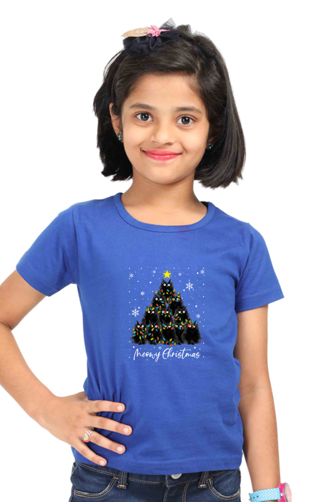 Round Neck T-Shirt (Girls) - Meowy Christmas (5 Colours)