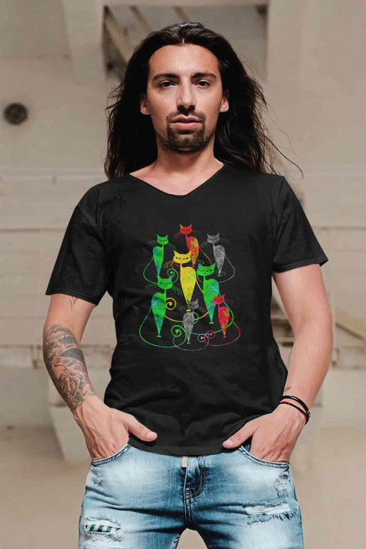 V Neck T-Shirt (Men) - Sassy Kitties (4 Colours)