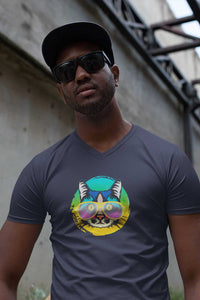 V Neck T-Shirt (Men) - Cat With Glasses (6 Colours)
