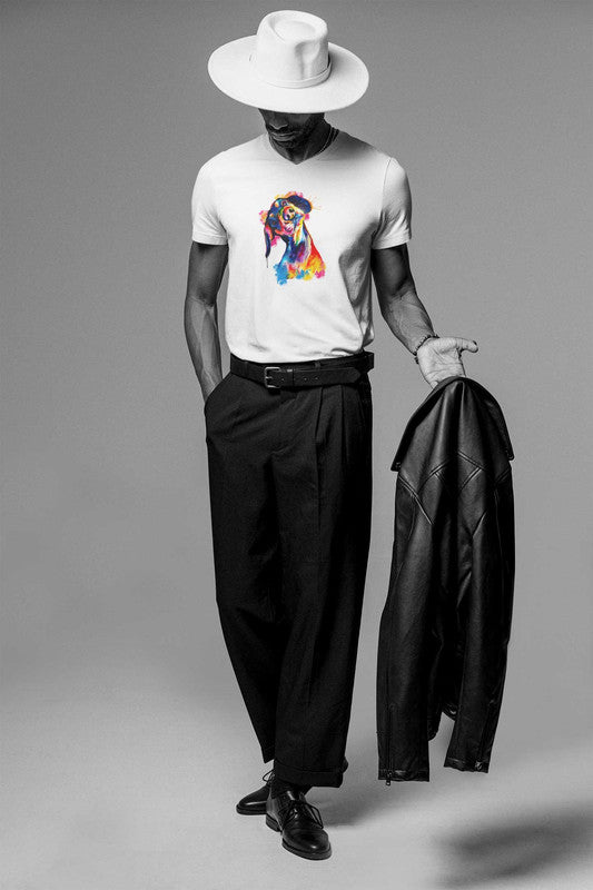 V Neck T-Shirt (Men) - Tilted Head Rainbow Dog (6 Colours)