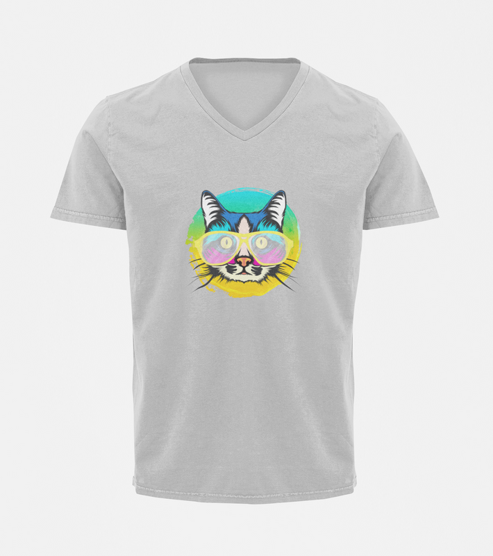 V Neck T-Shirt (Men) - Cat With Glasses (6 Colours)