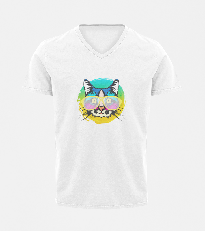 V Neck T-Shirt (Men) - Cat With Glasses (6 Colours)