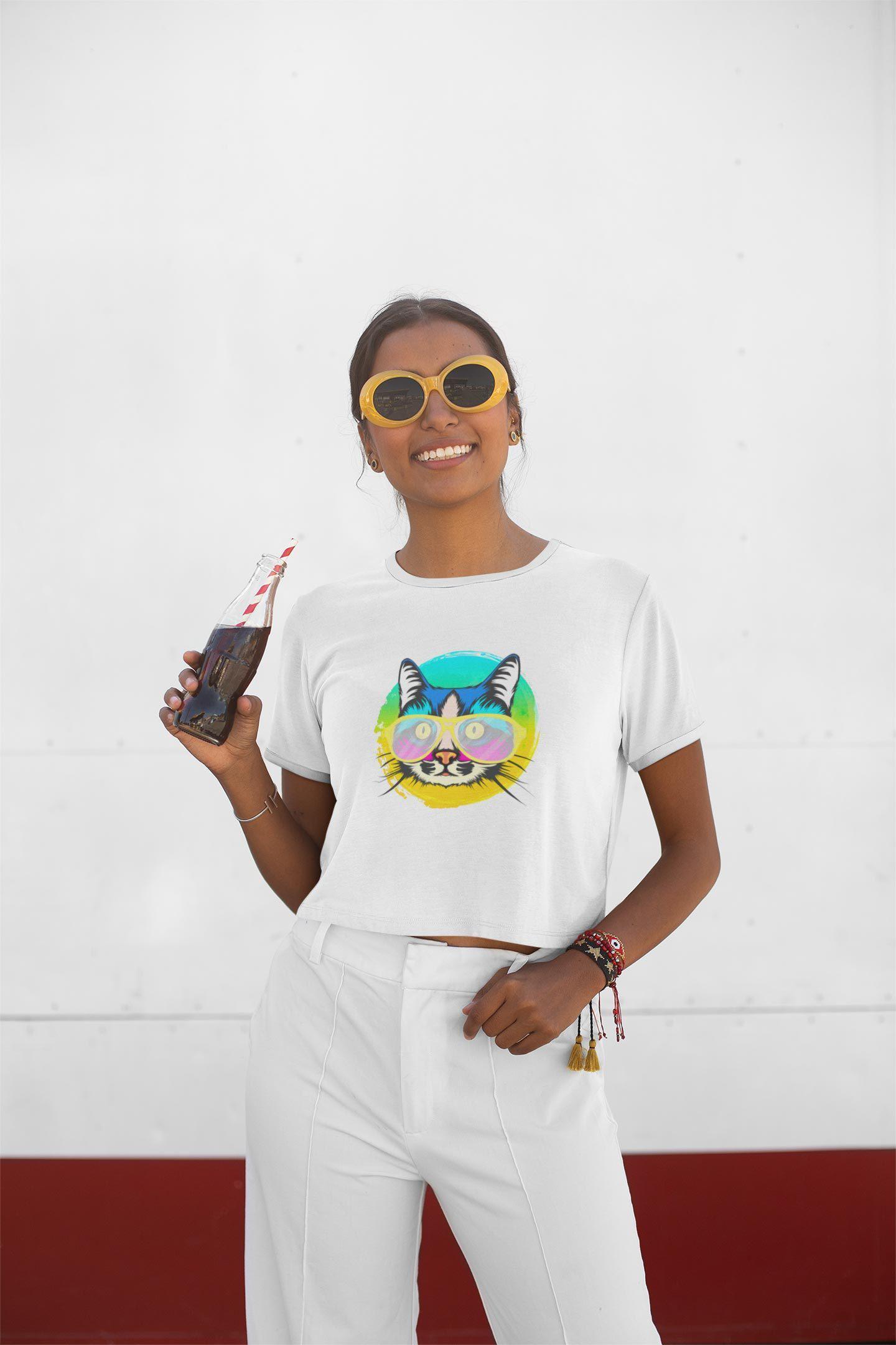 Stepevoli Clothing - Crop Top (Women) - Cat With Glasses (12 Colours)