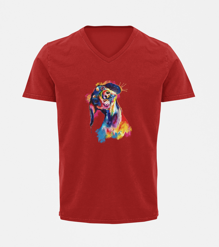 V Neck T-Shirt (Men) - Tilted Head Rainbow Dog (6 Colours)
