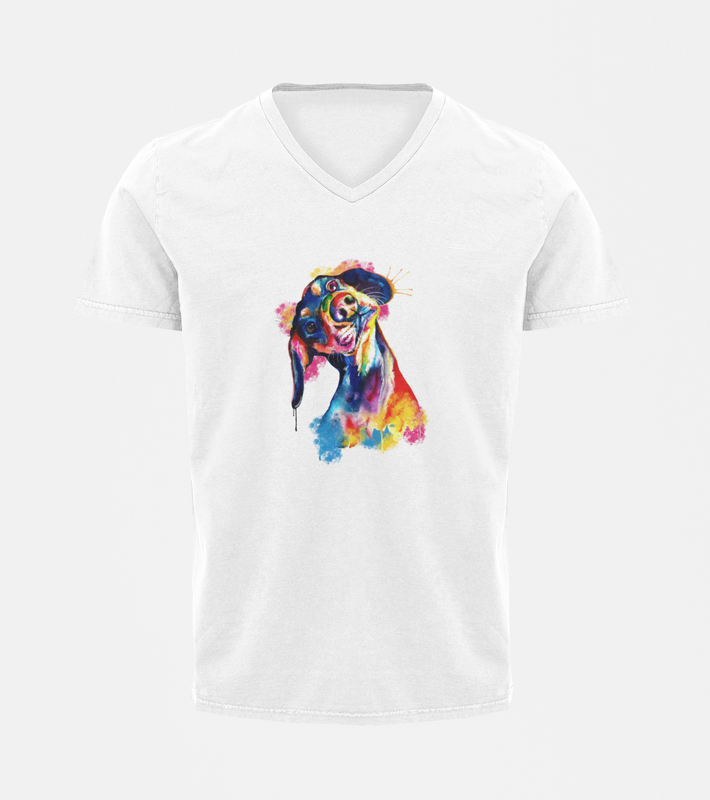 V Neck T-Shirt (Men) - Tilted Head Rainbow Dog (6 Colours)
