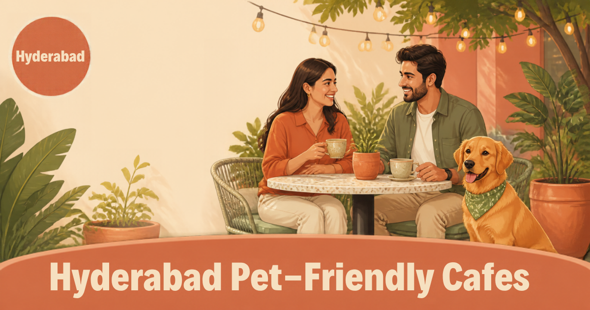 Two people at a cafe table with a golden retriever sitting beside them, under the words Hyderabad Pet-Friendly Cafes