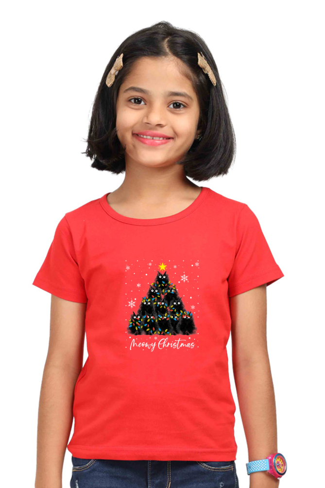 Round Neck T-Shirt (Girls) - Meowy Christmas (5 Colours)