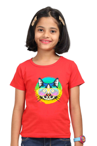 Round Neck T-Shirt (Girls) - Cat With Glasses (7 Colours)