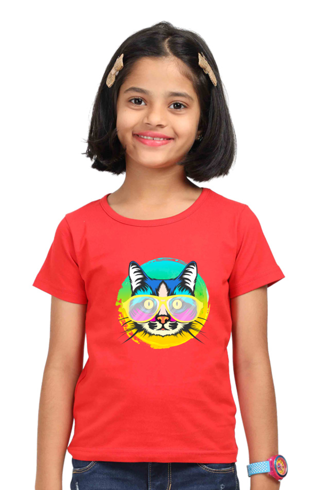 Round Neck T-Shirt (Girls) - Cat With Glasses (7 Colours)