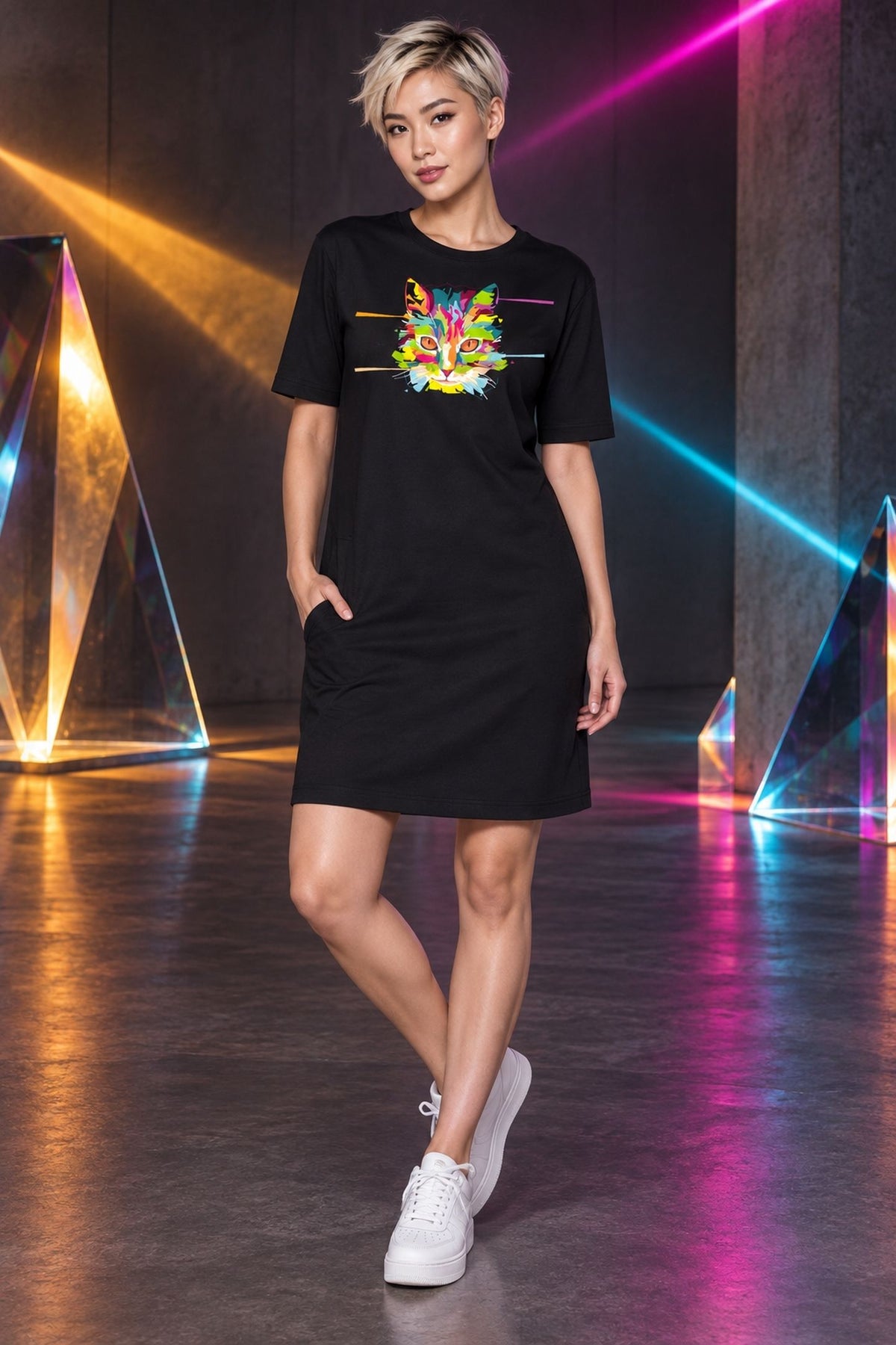 T-shirt Dress With Pockets - Laser Sharp Cat (6 Colours) (Slim Fit)