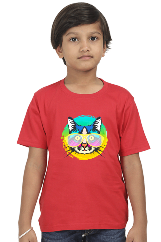 Round Neck T-Shirt (Boys) - Cat With Glasses (10 Colours)