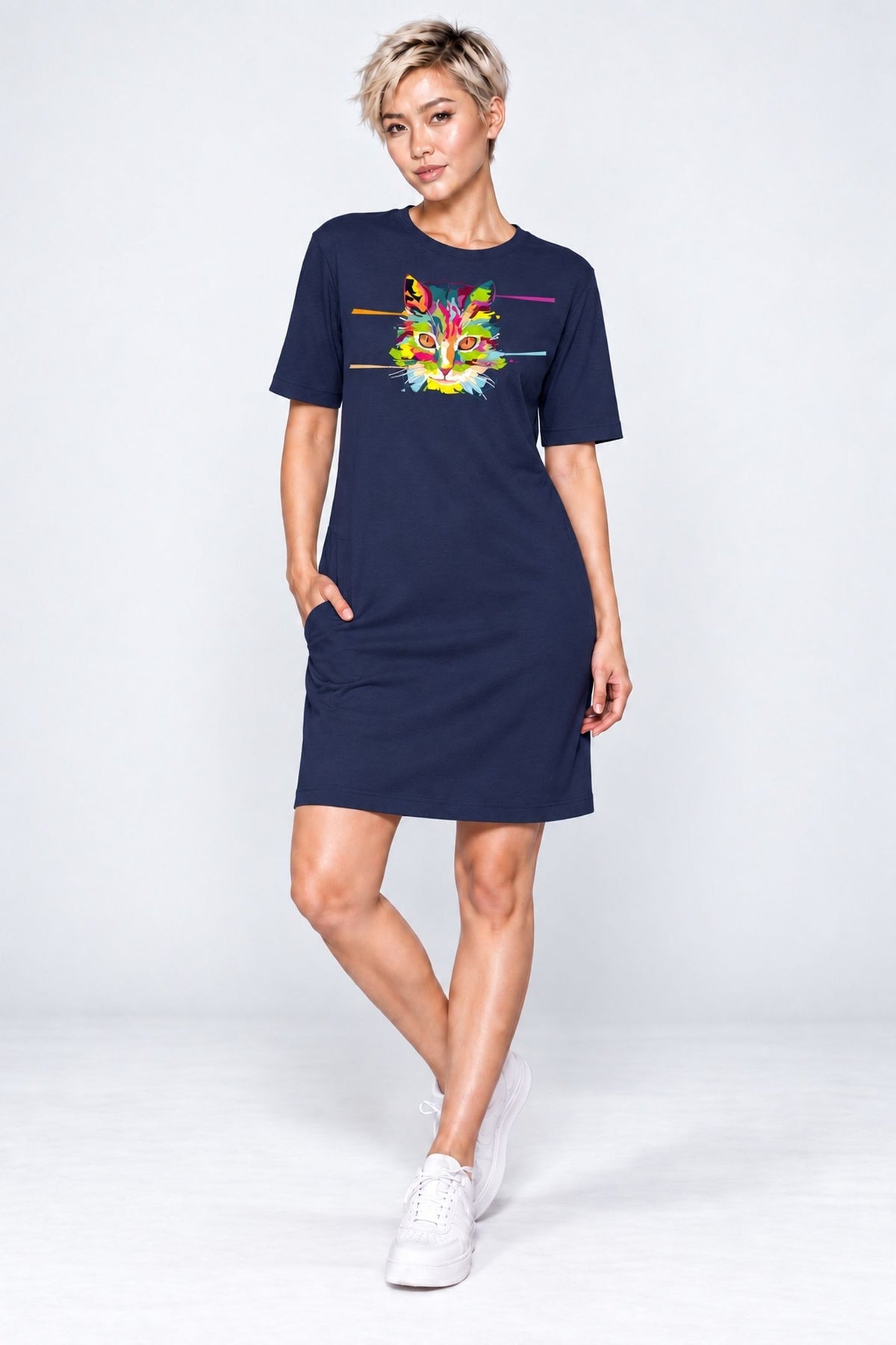 T-shirt Dress With Pockets - Laser Sharp Cat (6 Colours) (Slim Fit)