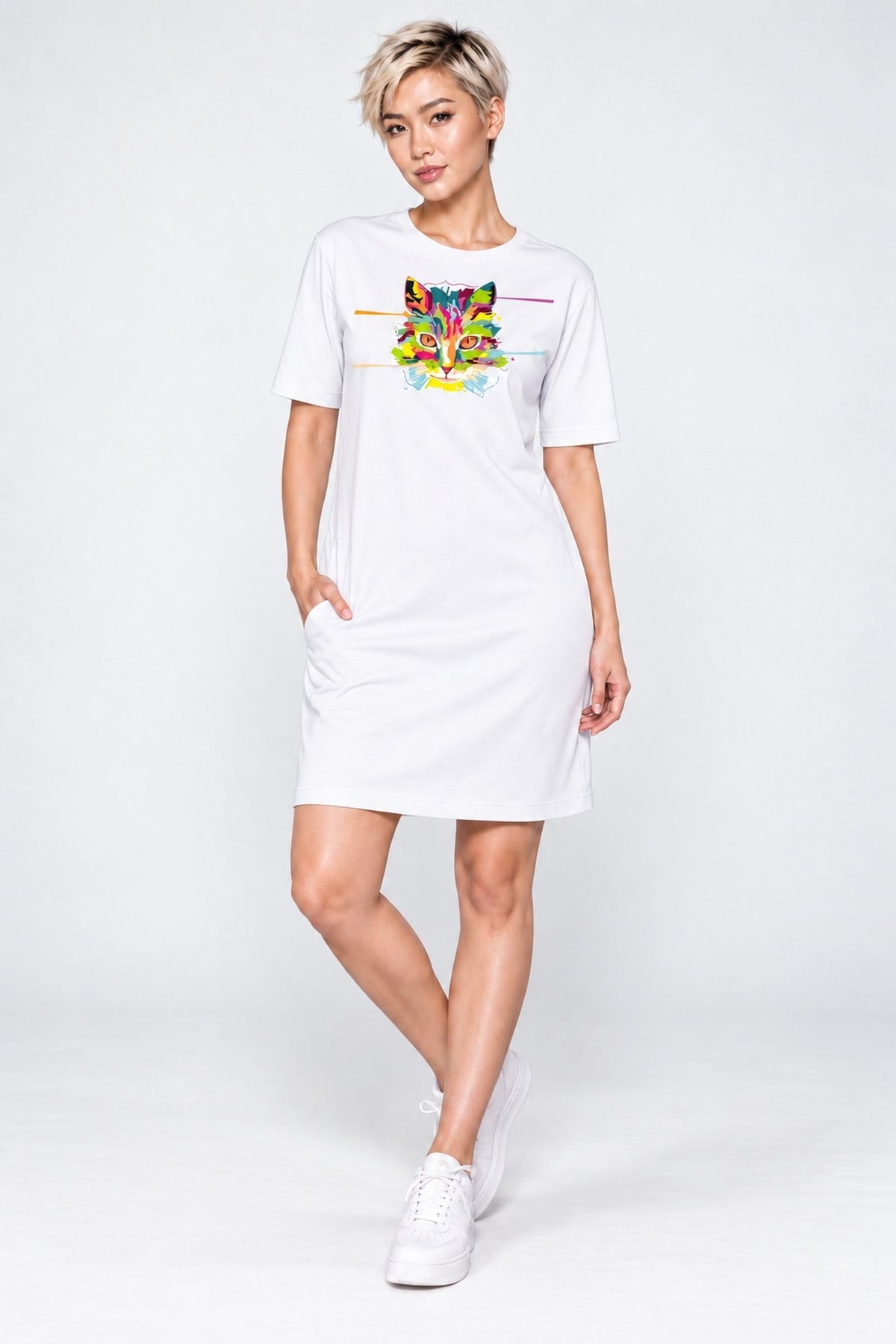 T-shirt Dress With Pockets - Laser Sharp Cat (6 Colours) (Slim Fit)