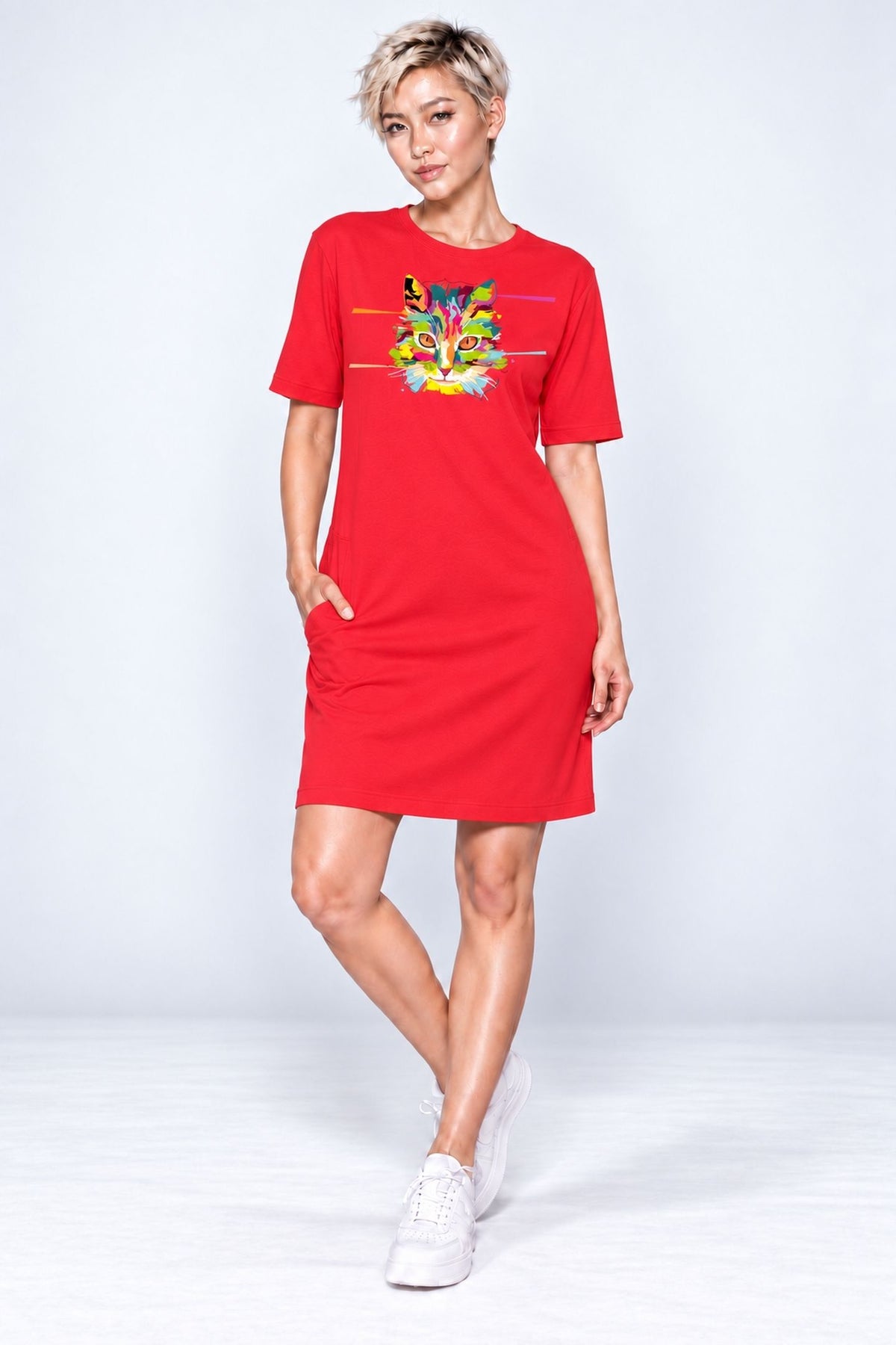 T-shirt Dress With Pockets - Laser Sharp Cat (6 Colours) (Slim Fit)