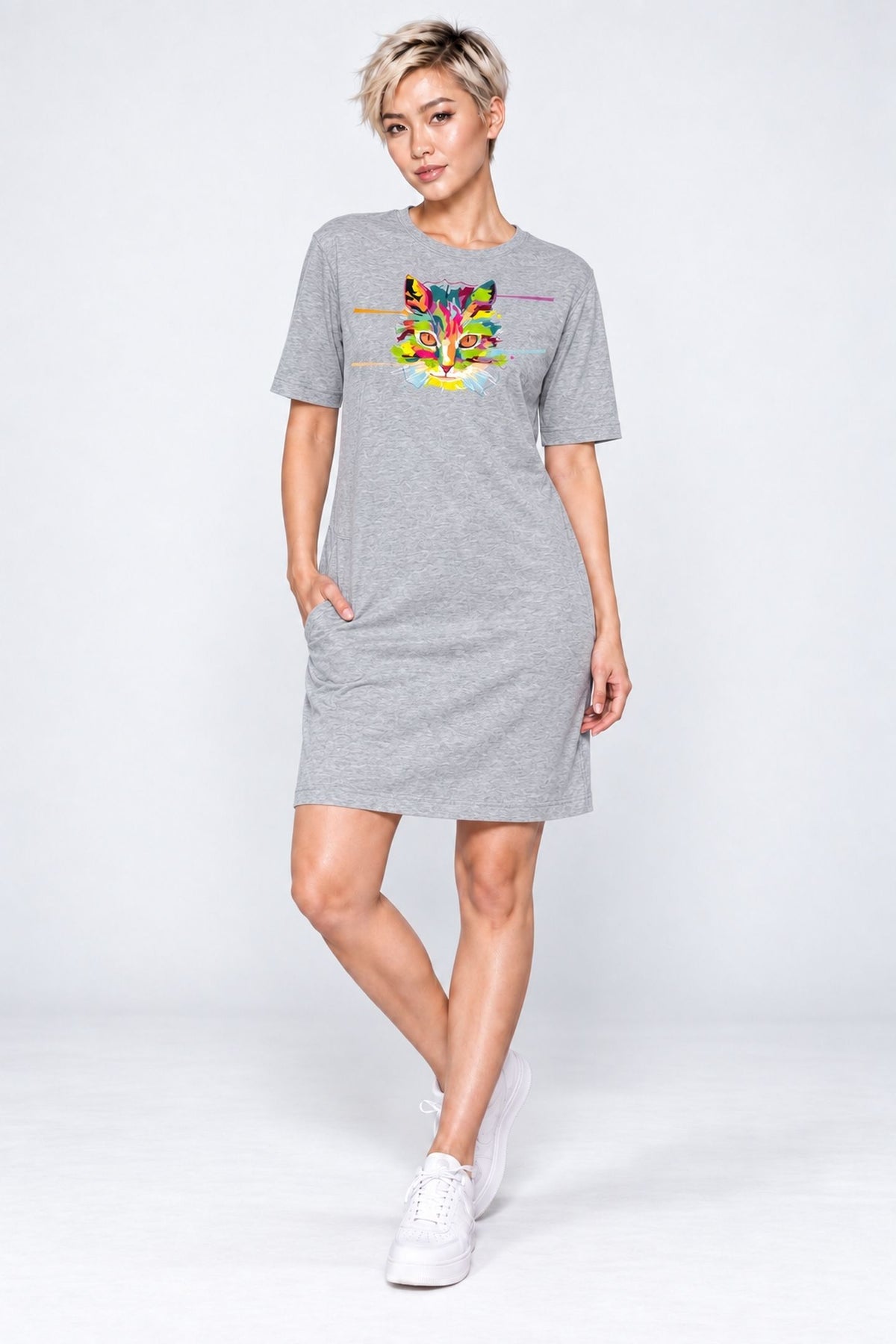 T-shirt Dress With Pockets - Laser Sharp Cat (6 Colours) (Slim Fit)