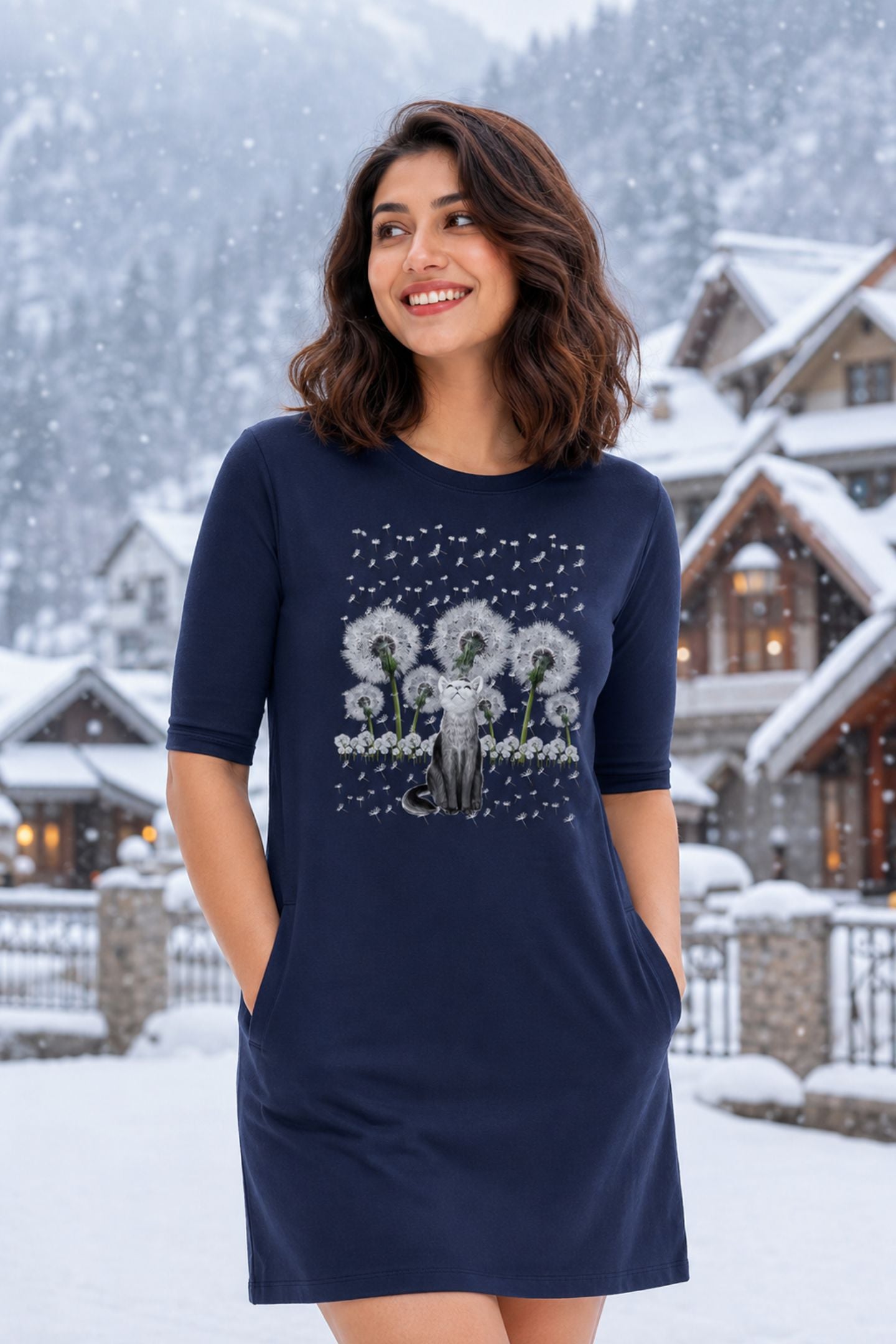 T-shirt Dress With Pockets - Fresh White Cat (3 Colours) (Slim Fit)