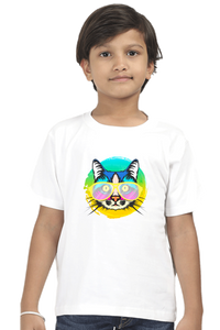 Round Neck T-Shirt (Boys) - Cat With Glasses (10 Colours)