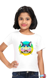 Round Neck T-Shirt (Girls) - Cat With Glasses (7 Colours)