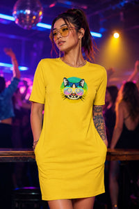 T-shirt Dress With Pockets - Cat With Glasses (6 Colours) (Slim Fit)