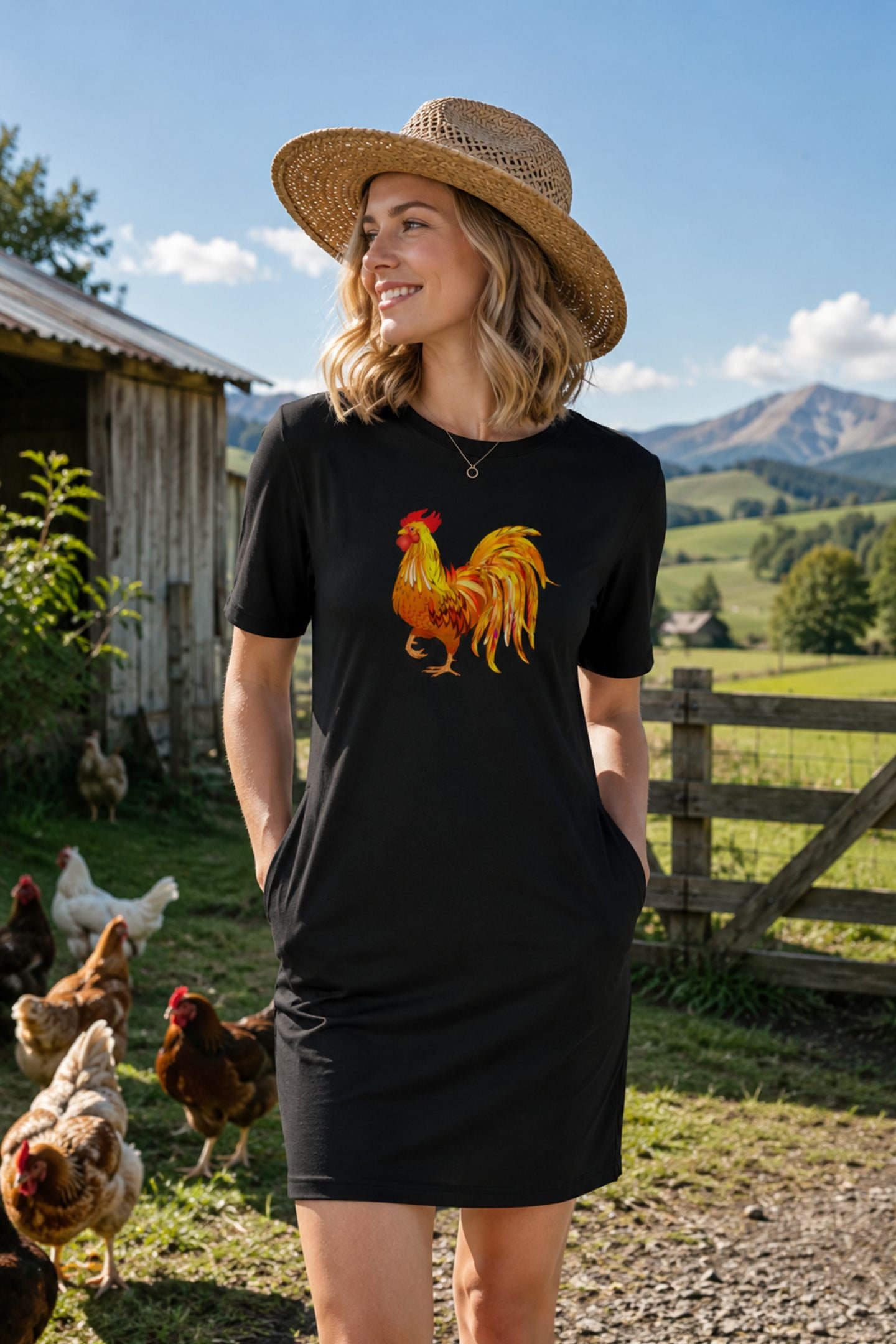 T-shirt Dress With Pockets - Cock-a-Doodle-Doo (4 Colours) (Slim Fit)