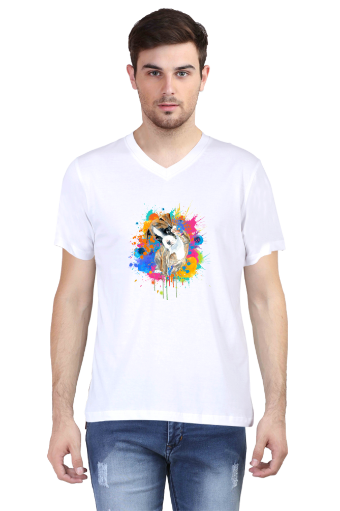 V Neck T-Shirt (Men) - Splashes Of Joy Puppy (5 Colours)