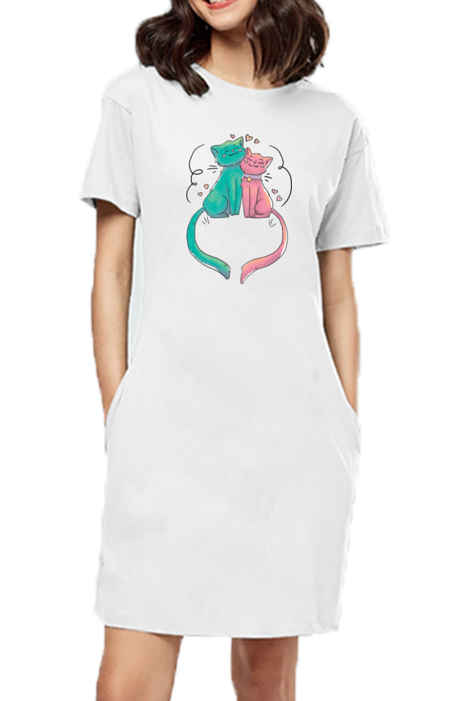T-shirt Dress With Pockets - Cats In Love (4 Colours)