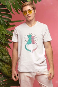 V Neck T-Shirt (Men) - Cats In Love (2 Colours)