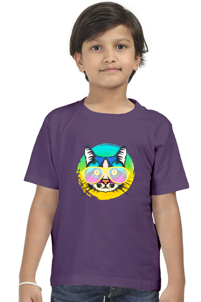 Round Neck T-Shirt (Boys) - Cat With Glasses (10 Colours)