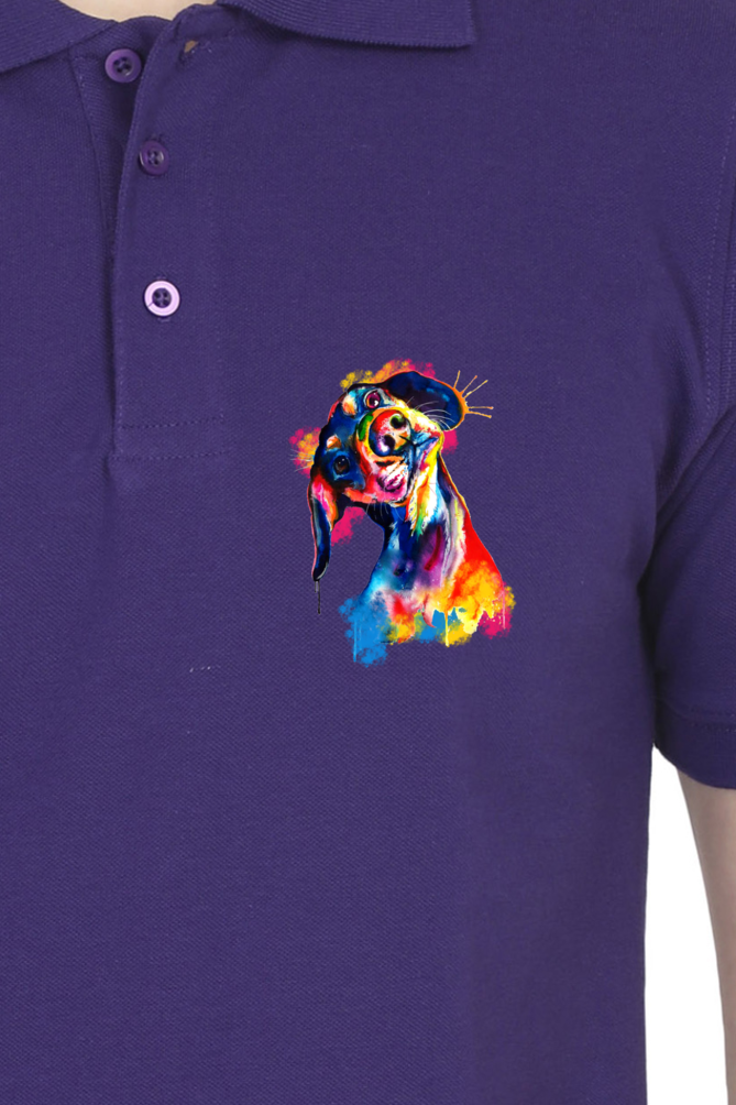 Polo Neck T Shirt Men Tilted Head Rainbow Dog 11 Colours