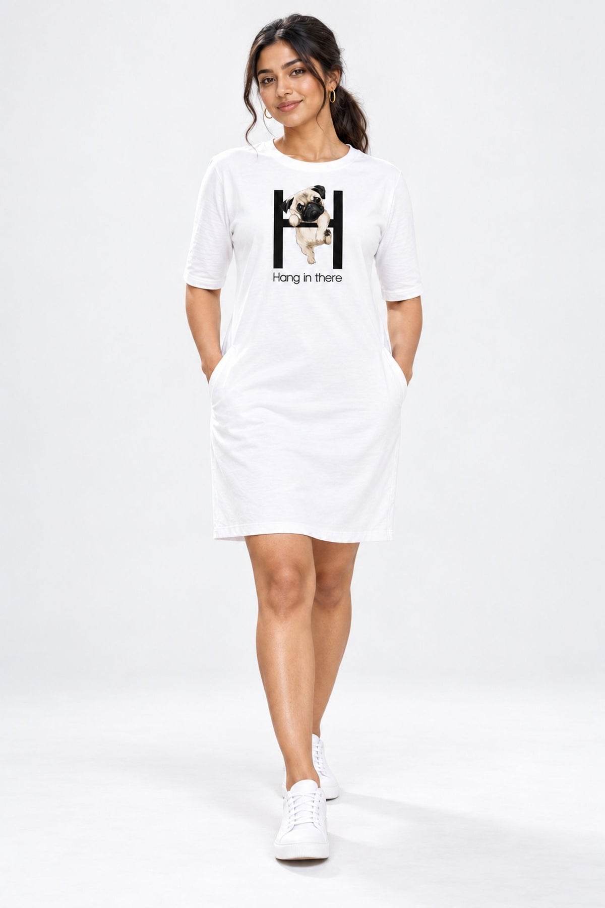 T-shirt Dress With Pockets - Hang In There Pug (2 Colours) (Slim Fit)
