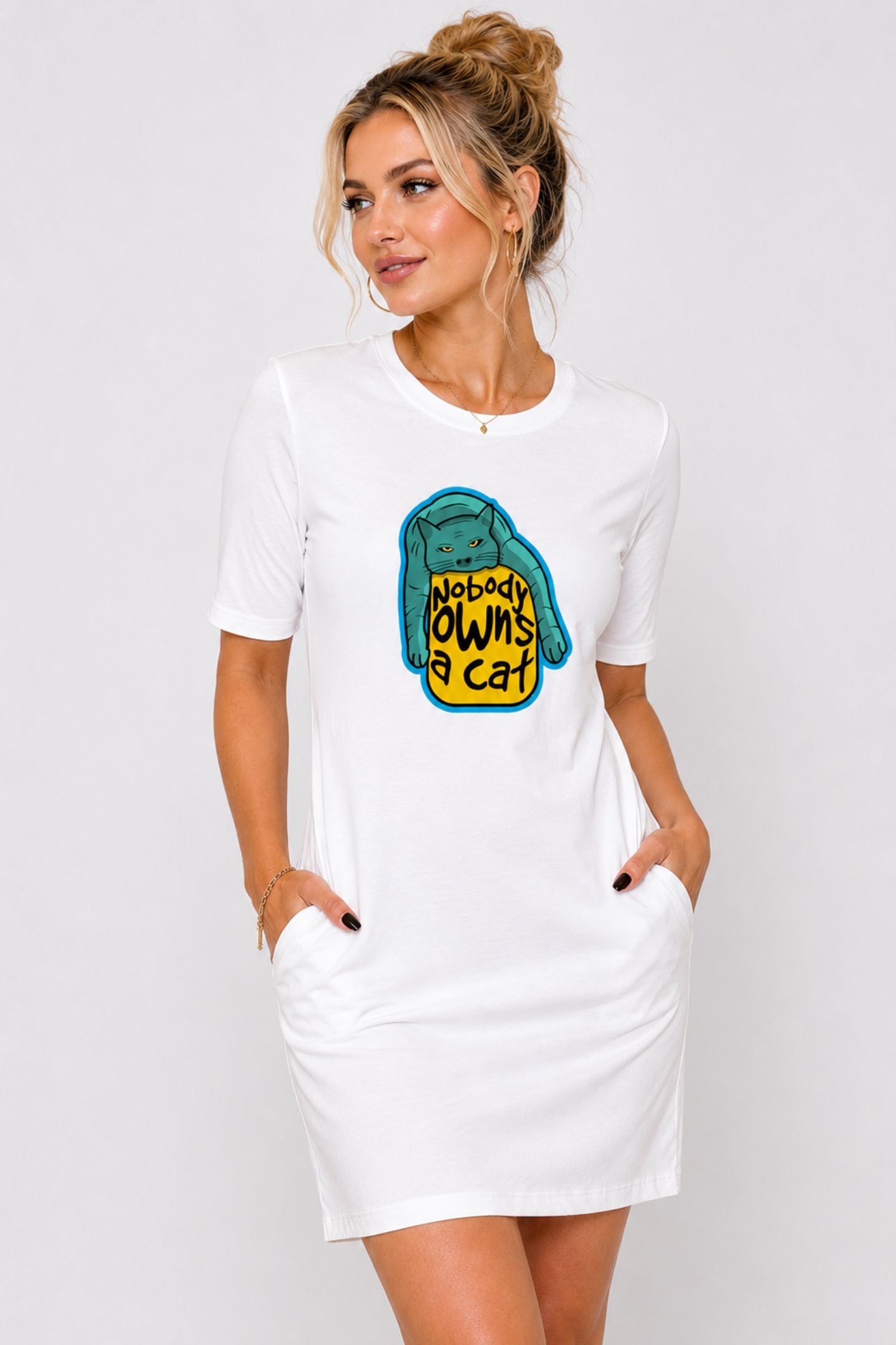 T-shirt Dress With Pockets - Cat-titude (2 Colours) (Slim Fit)