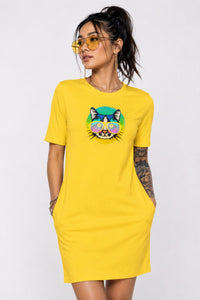 T-shirt Dress With Pockets - Cat With Glasses (6 Colours) (Slim Fit)