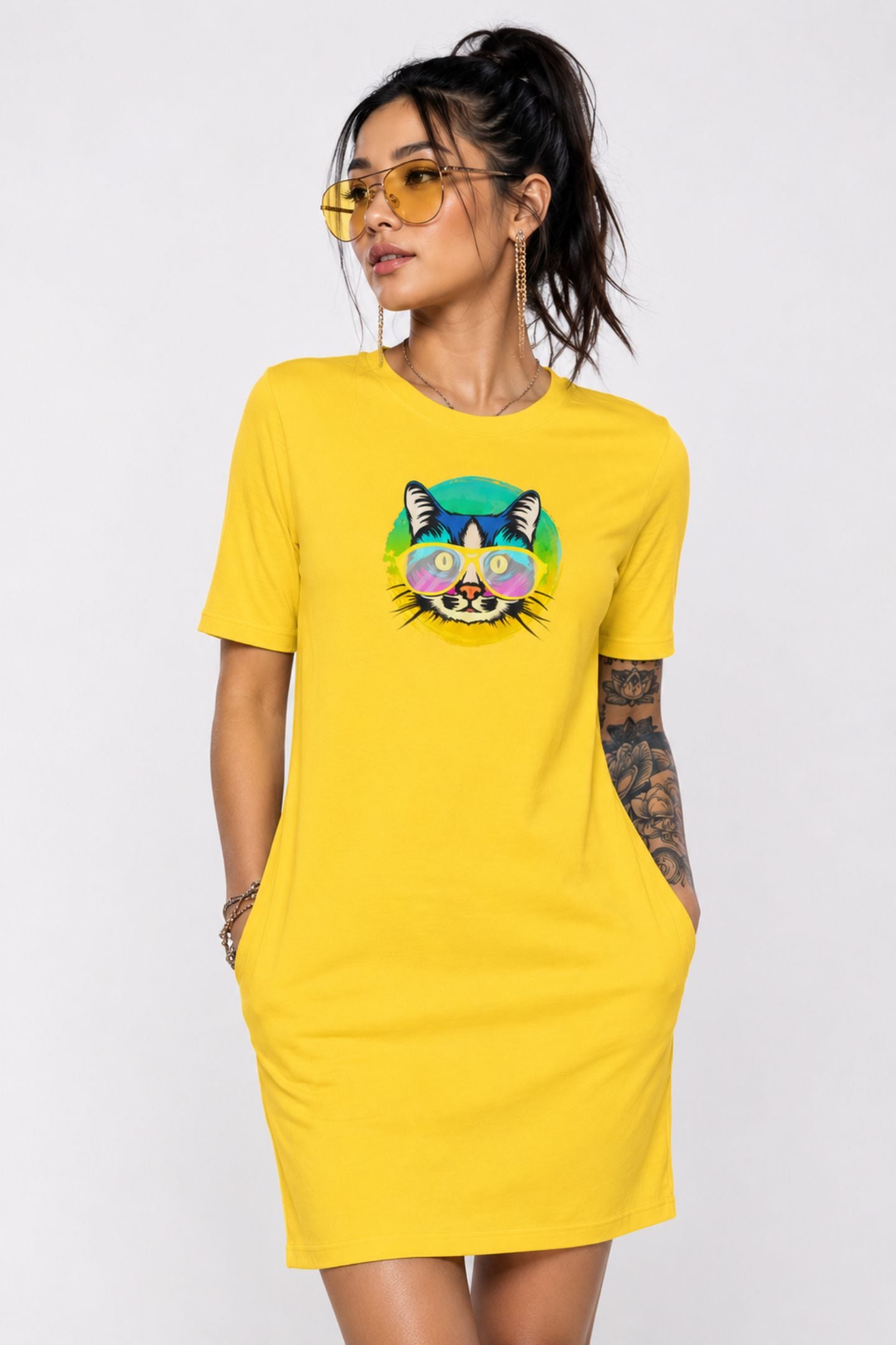 T-shirt Dress With Pockets - Cat With Glasses (6 Colours) (Slim Fit)