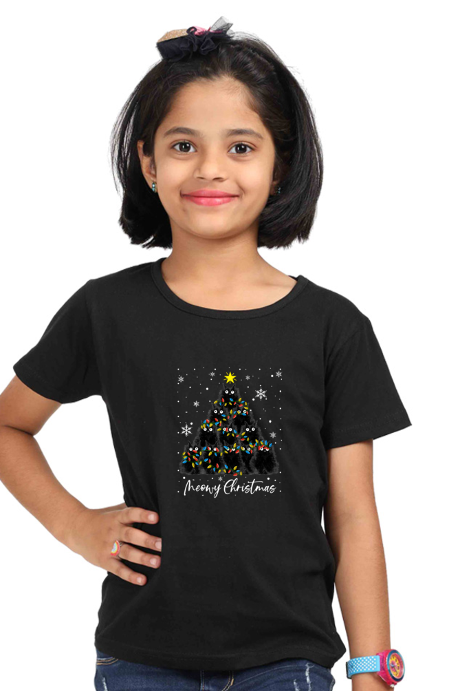 Round Neck T-Shirt (Girls) - Meowy Christmas (5 Colours)