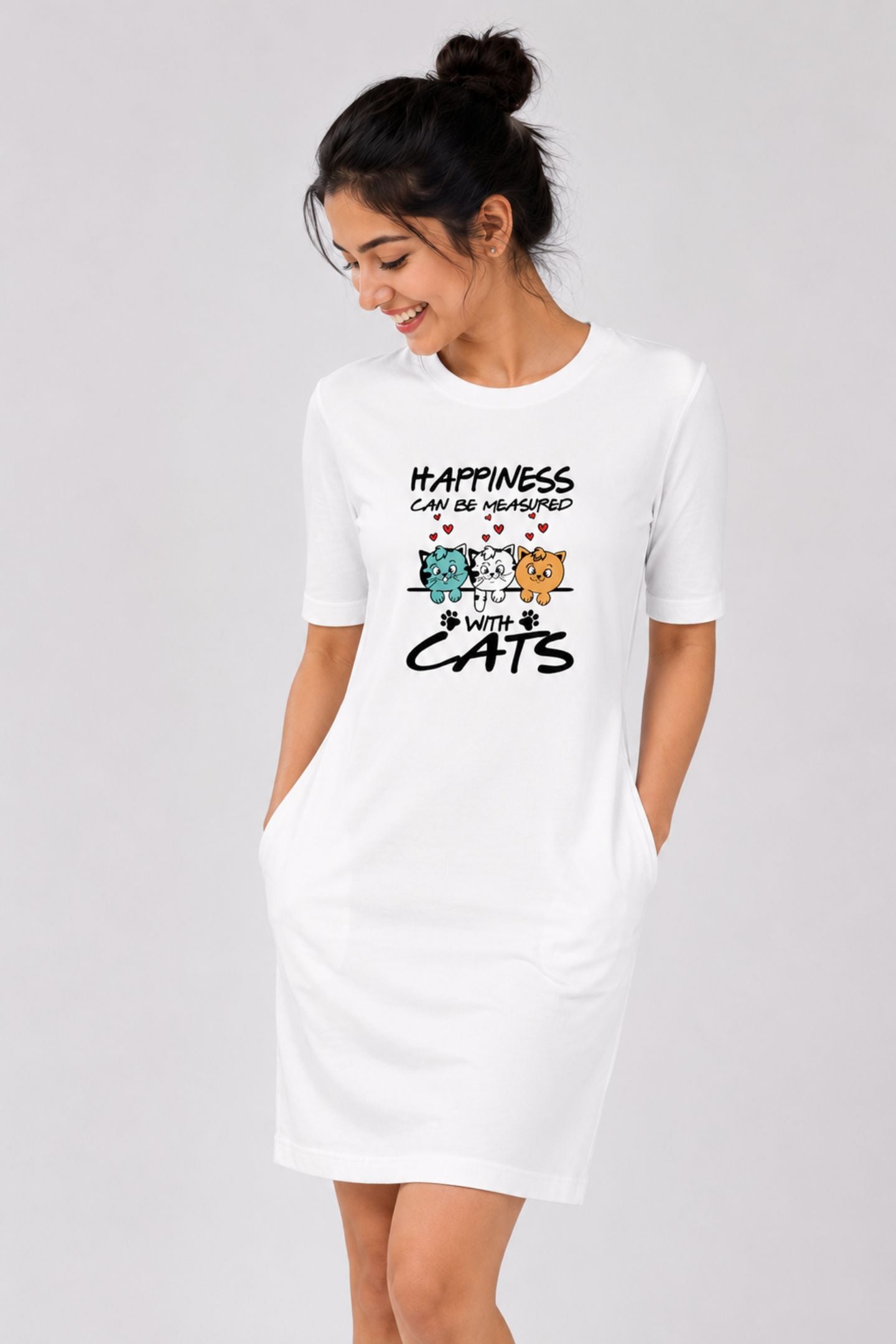 T-shirt Dress With Pockets - Feline Happy (3 Colours) (Slim Fit)