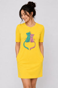 T-shirt Dress With Pockets - Cats In Love (4 Colours) (Slim Fit)