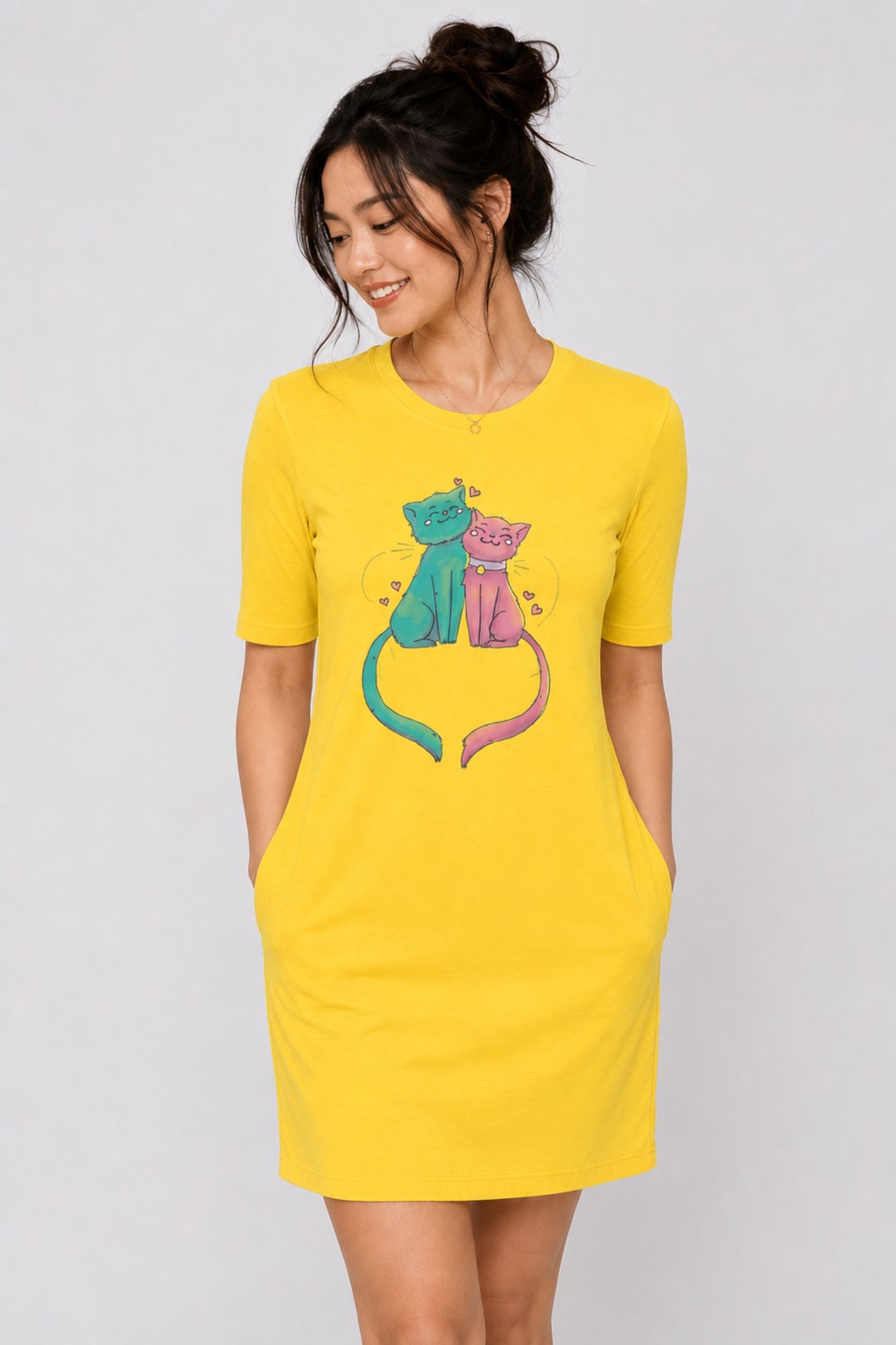 T-shirt Dress With Pockets - Cats In Love (4 Colours) (Slim Fit)
