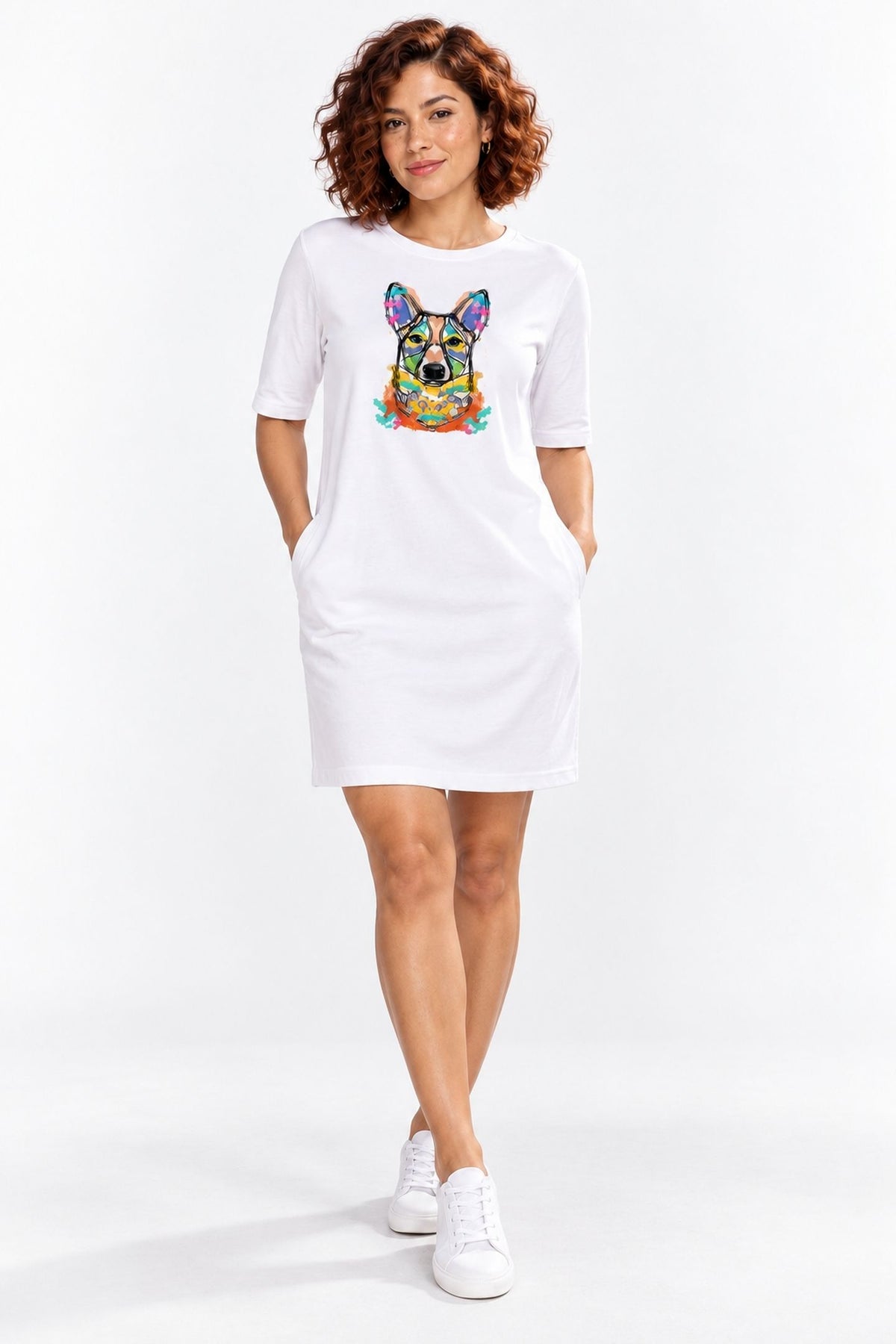 T-shirt Dress With Pockets - Happy Corgi (3 Colours) (Slim Fit)